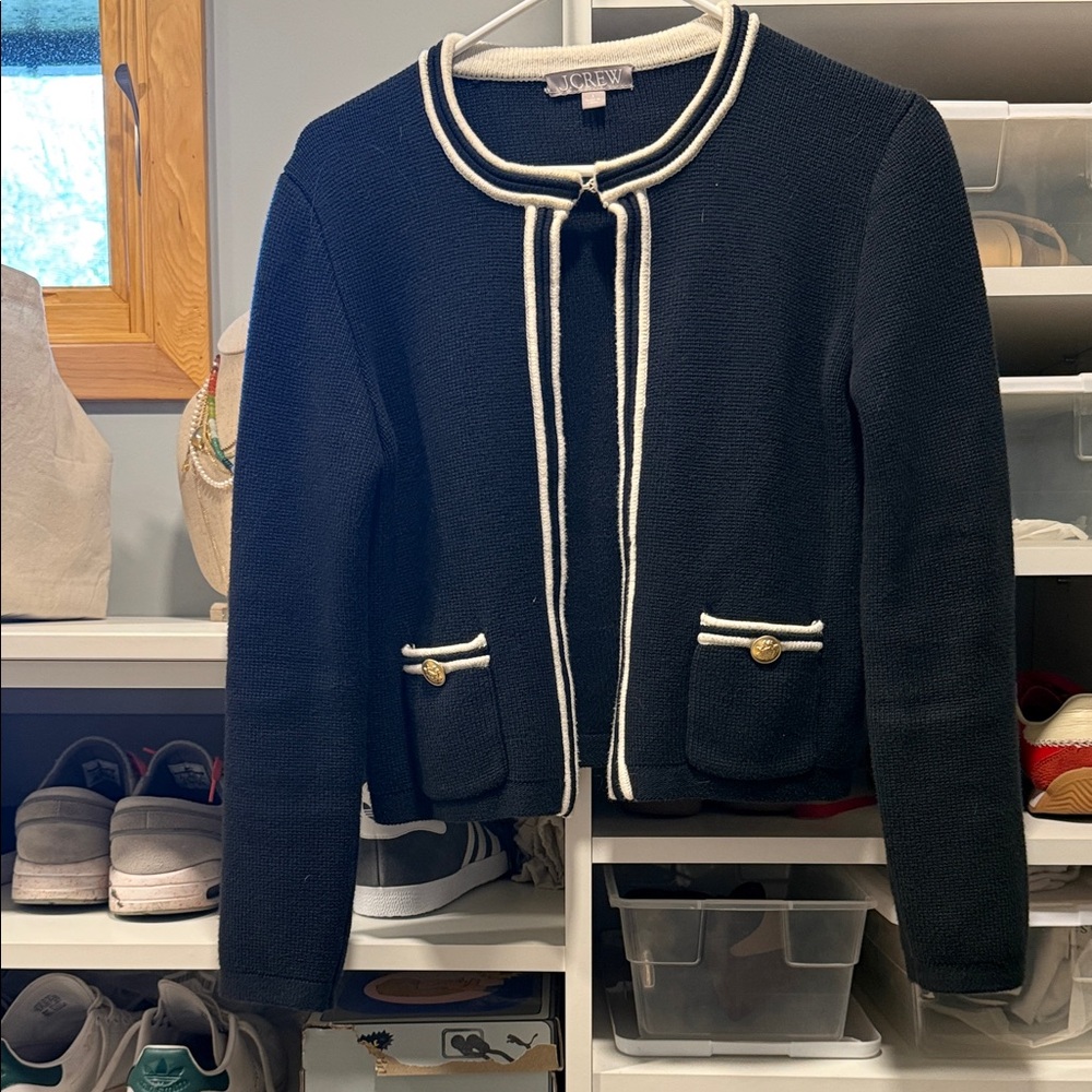 J. Crew black Lady Sweater Jacket with Cream Contrast Trim